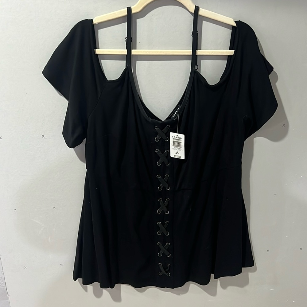 NWT Torrid peplum top, leather trim, cold shoulder, size 2